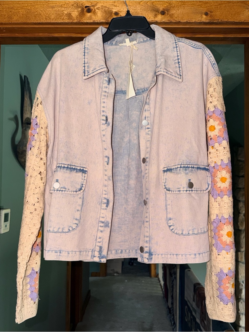 Mystree Crochet-Sleeve Light Wash Denim Jacket - Cream & Lavender